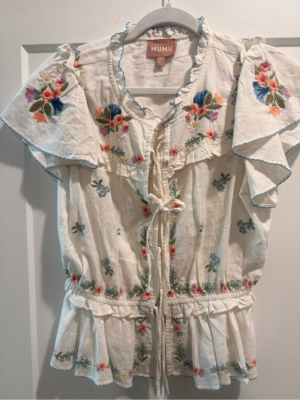 Show Me Your MuMu White Embroidered Tie-Front Peplum Top